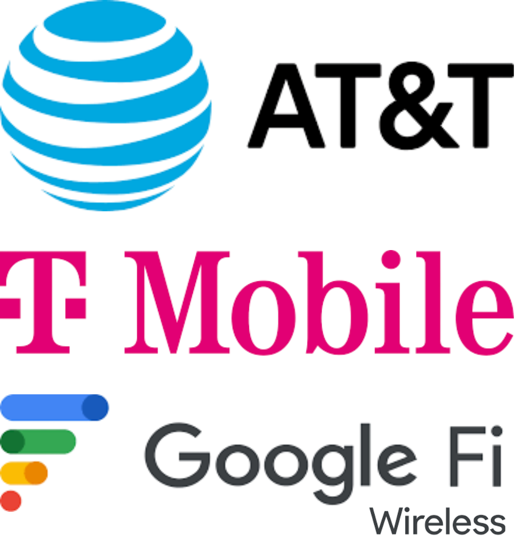 Logos of AT&T, Google Fi Wireless, and T-Mobile representing major U.S. mobile carriers supported by LongFi