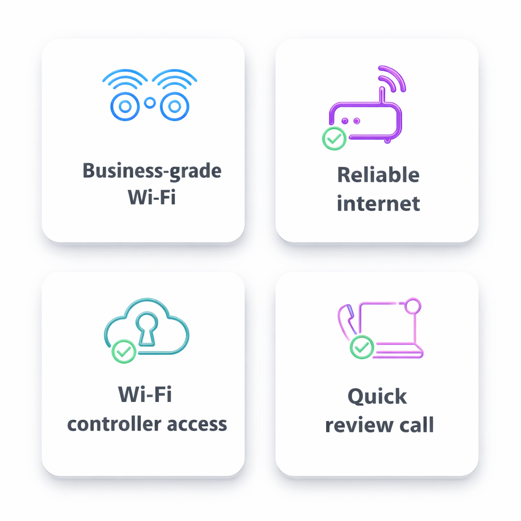 venue readiness checklist for LongFi Connect including business-grade Wi-Fi reliable internet controller access and technical review call